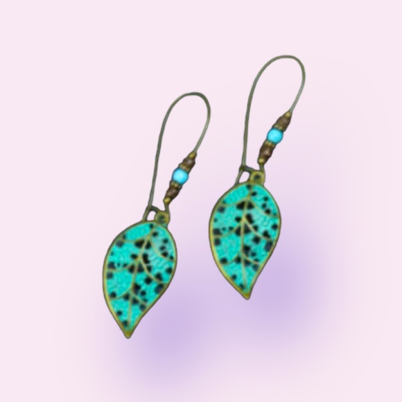 Antique Bronze Smeared Blue Leaf Hollow Large Ear Hook Women's Earrings - Picture 1 of 3